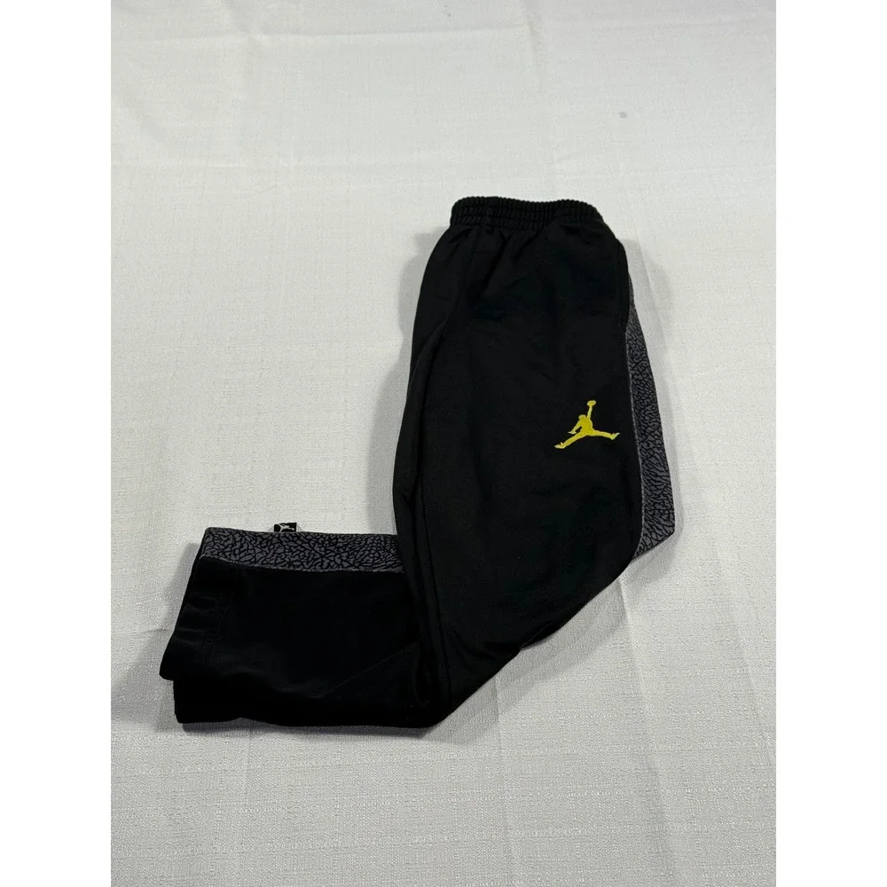 Jordan Boys Black‎ Track Pants Size 6 Medium Yellow Logo Athleisure Joggers Camo